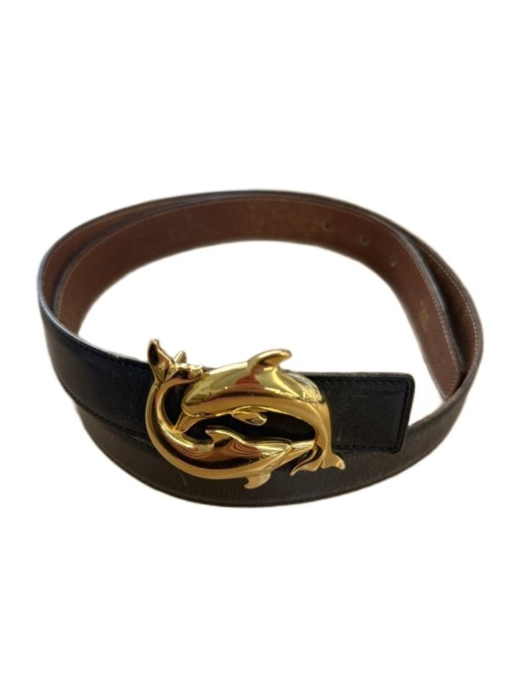 Hermes Vintage Belt Leather Buckle Dolphin Gold 95 Black